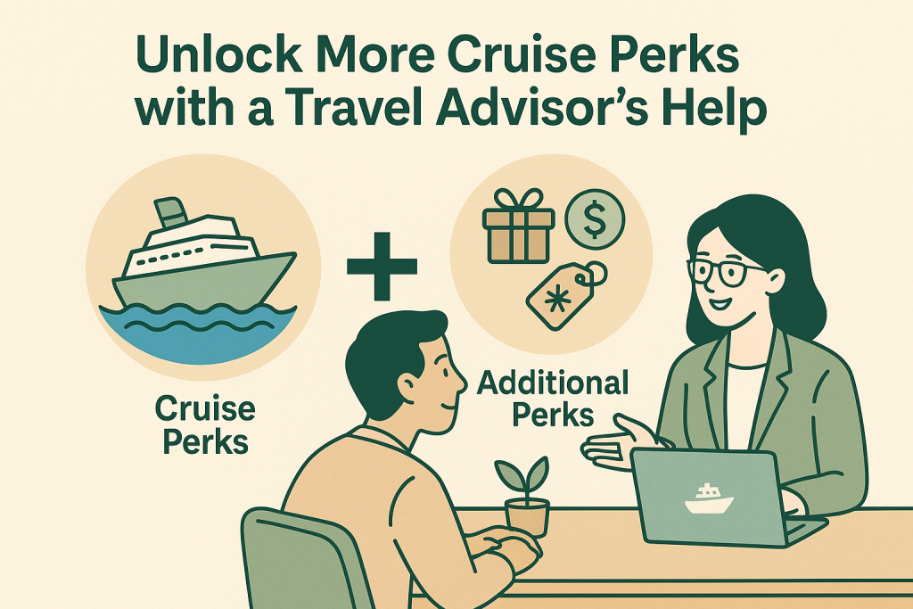 Illustration of a travel advisor explaining how to unlock cruise perks and additional benefits with expert help.