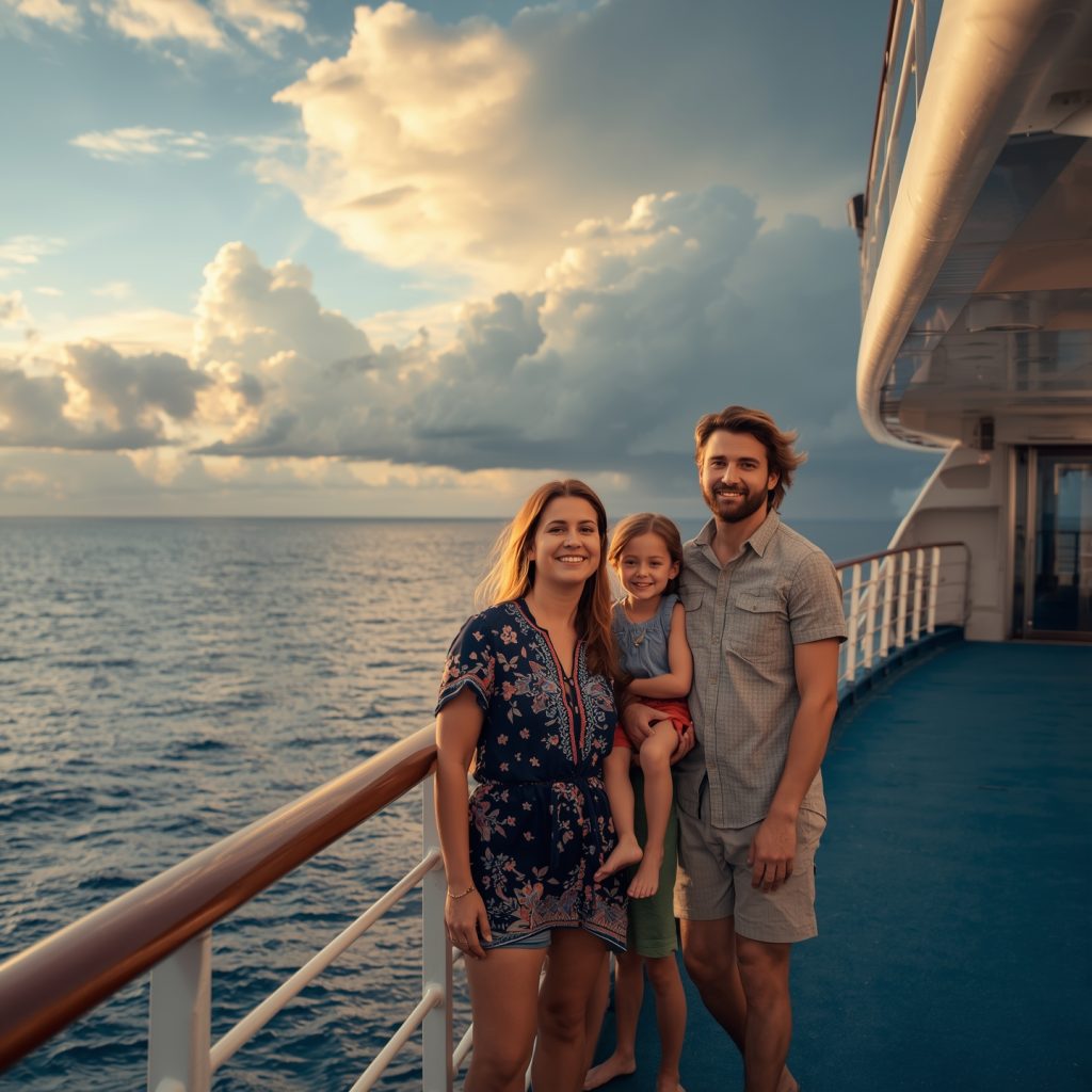 A smiling family on a cruise ship at sunset during hurricane season, enjoying safe and memorable travel together.
