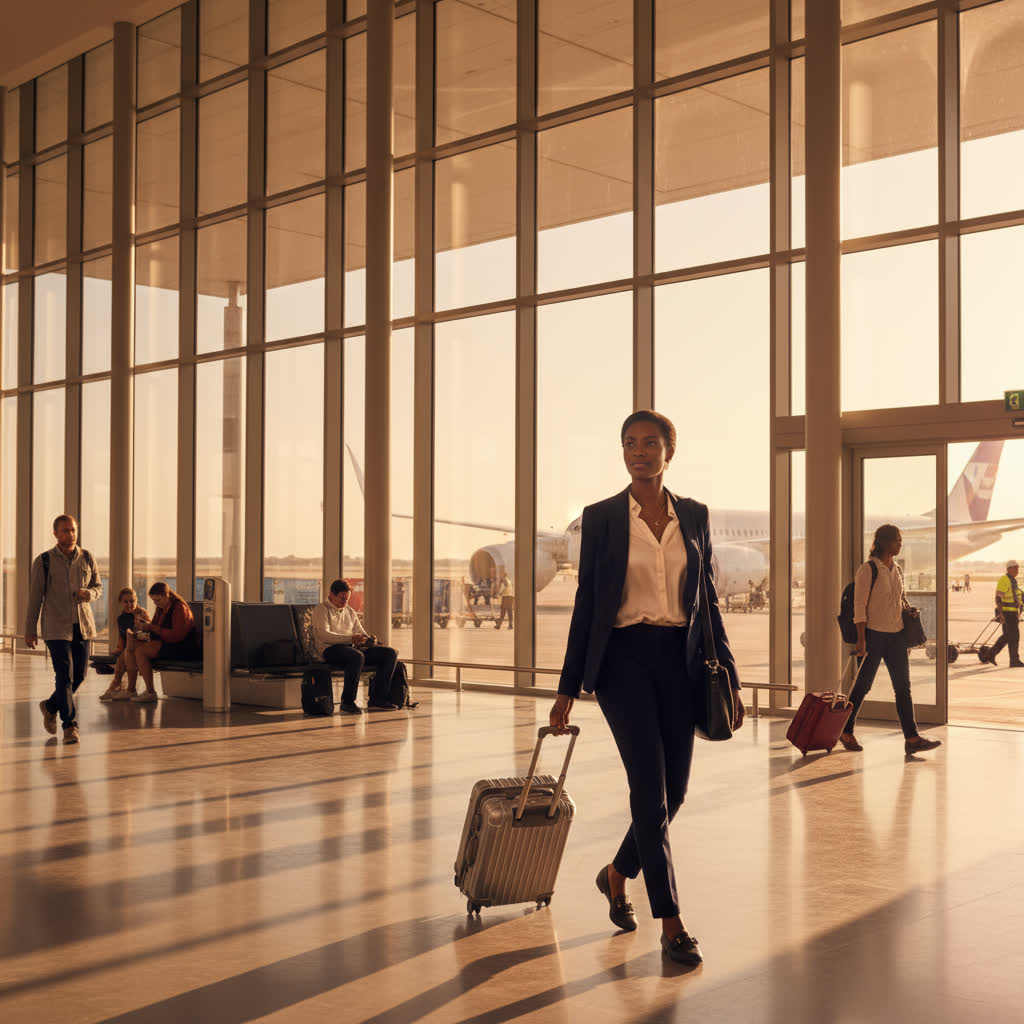 Confident traveler walking through modern airport terminal during government shutdown