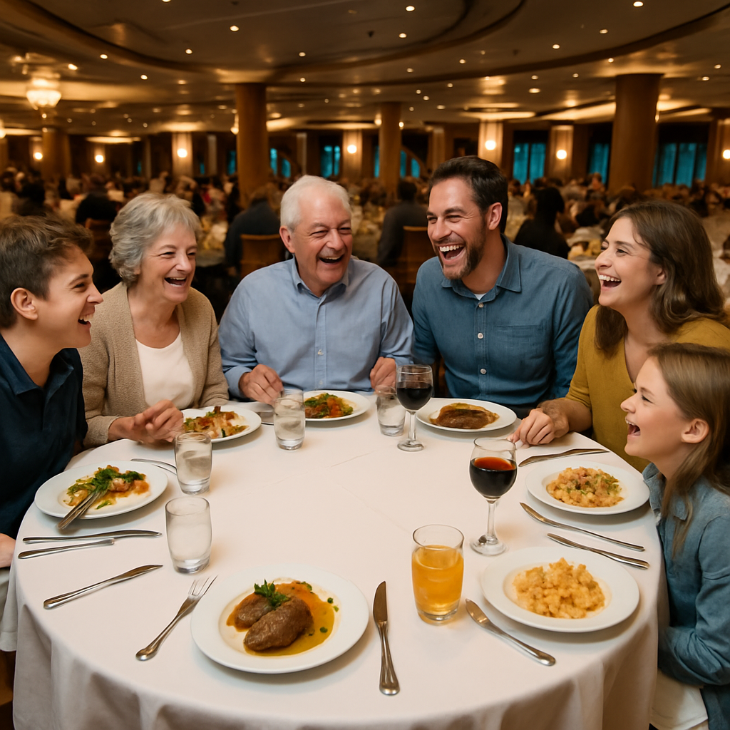 Multi-generational family dining together on cruise after booking vacation early through travel advisor