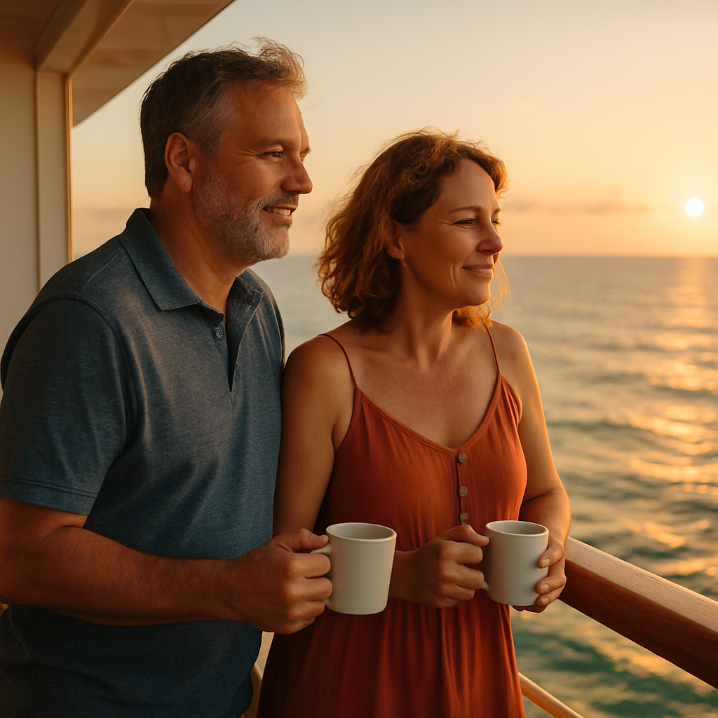 Happy couple enjoying sunset coffee on cruise after booking vacation early with travel advisor