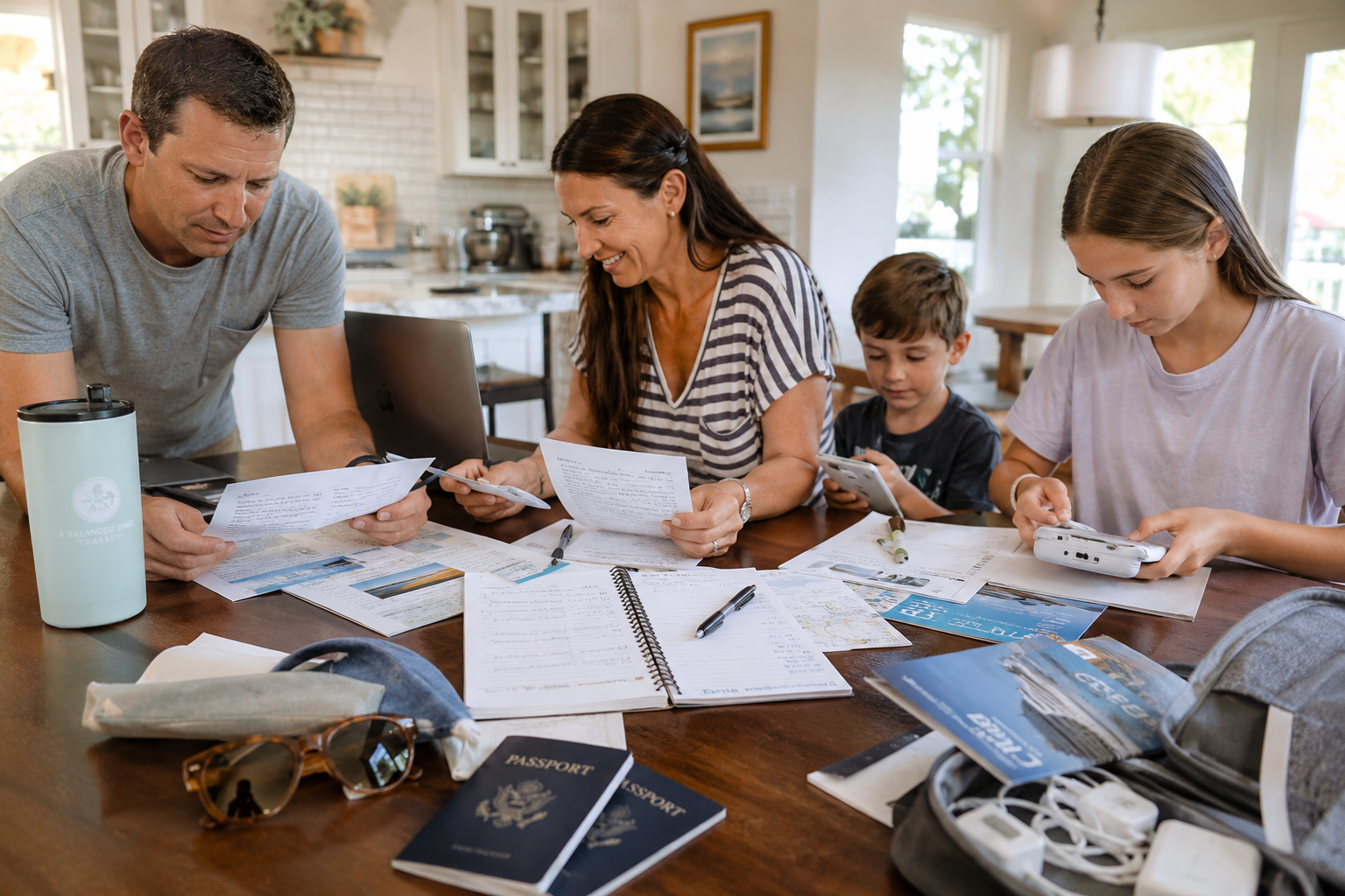 amily reviewing passports, cruise documents, and travel plans together at a kitchen table before a summer vacation.